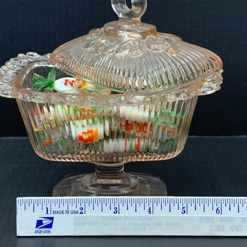Pink Glass Candy Dish Bowl with Lid &‎ 13 Glass Candies Vintage Antique